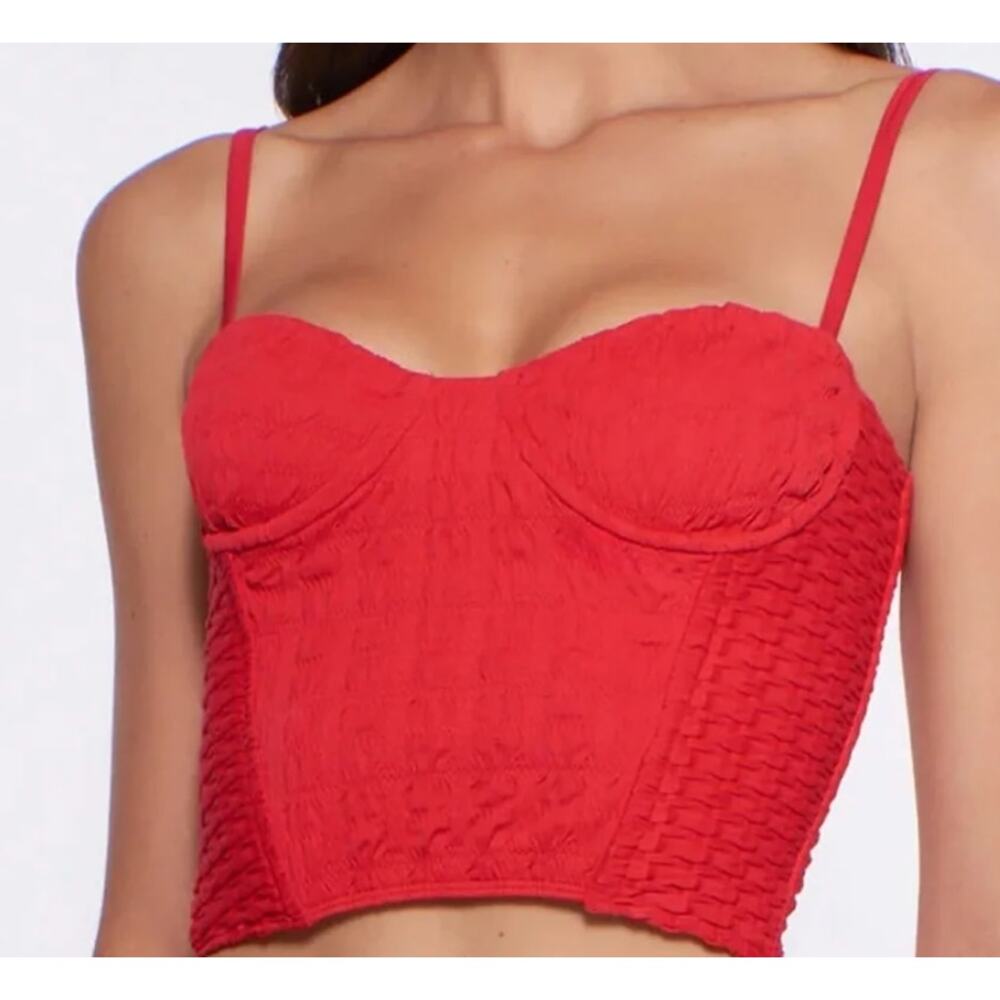Peixoto Red Corset Style Crop Top - Smocked & Lace-Up Back